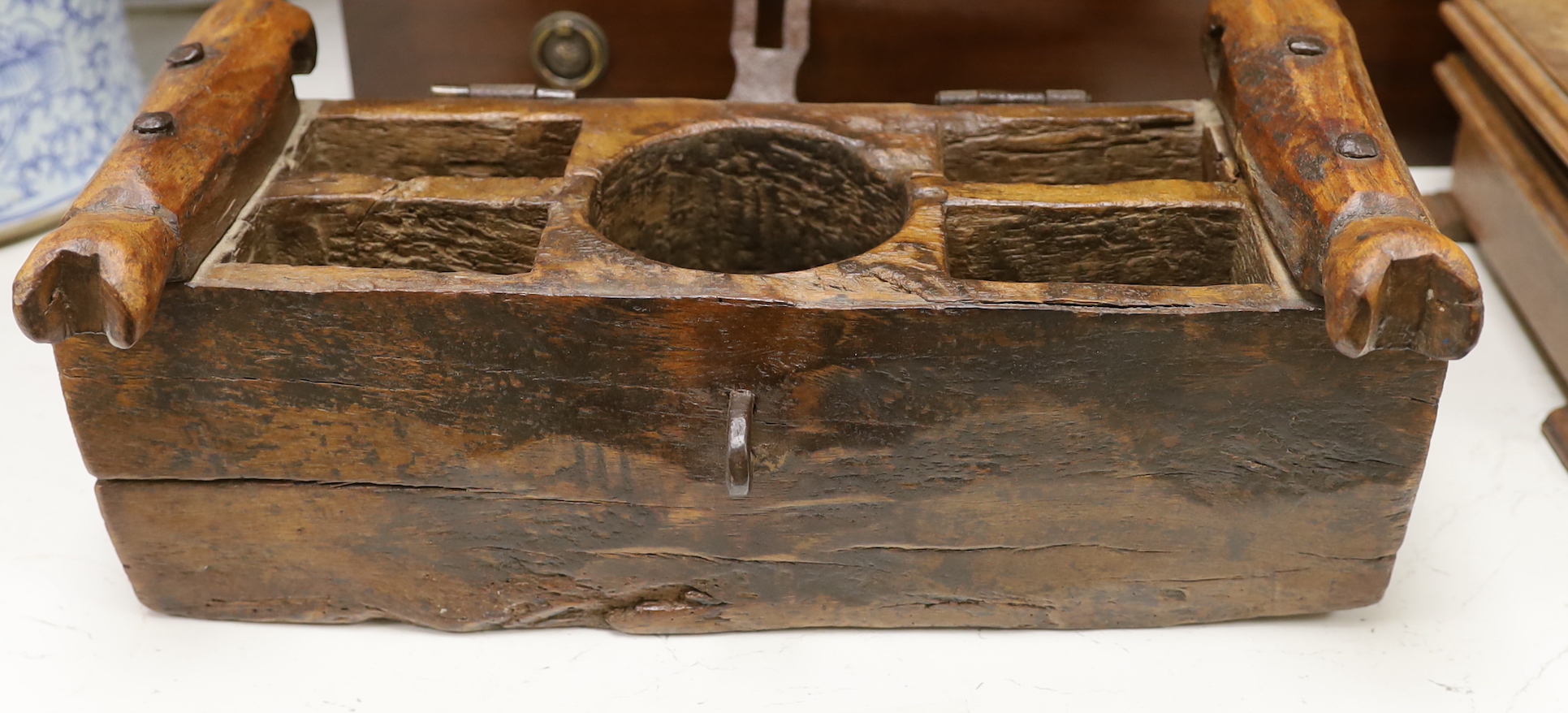 An Indian hardwood and wrought iron strong box, 40.5cm wide